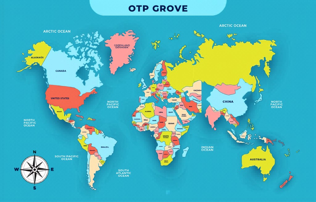 OTPGrove global SMS verification coverage map — 150+ countries for non-VoIP numbers